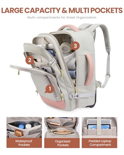 Image of LOVEVOOK 50L Rolling Backpack with Wheels, 18 Inch Carry On Luggage for Women, Water Resistant Wheeled Travel Backpack, Flight Approved Underseat Trolley Bag for Business, Overnight Trips, College