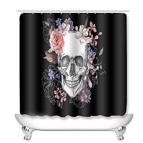 Duschvorhang Pfingstrose Schwarzer Schädel Badezimmerteppich 4-Teiliges Set, Duschvorhang 180x180 Polyester+Badematte… – Bild 3