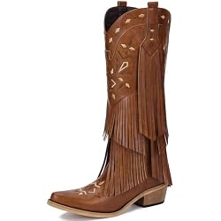 Bybmorto Cowboy Boots for Women - Fringe Knee High Cowgirl Boots with Classic Embroidery, Pointed Toe Pull on Retro Design, Perfect for Western Parties, Weddings and Events