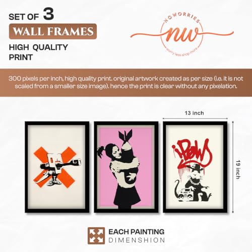 Image of NoWorries Urban Street Art Wall Painting Set | Modern Graffiti & Abstract Posters | Aesthetic Art Decor Premium 300 GSM Paper Print | Synthetic Wooden Frame Wall Decor for Living Room, Bedroom & Office (Pattern-illustration) (Set of 3) (BLACK, ART-1, 13X19INCHES)