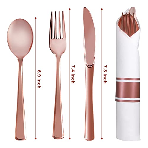Rose Gold Disposable Plastic Silverware - 100Pack Pre Rolled Plastic Cutlery, Wrapped Plastic Silverware, Disposable Plastic Utensils With 100 Forks 100 Knives 100 Spoons 100 Dinner Napkins For Party #TOP1