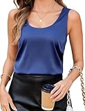 Totatuit Women Silk Satin Camisole Tops Sexy Summer Solid Tank Top Sleeveless Loose Blouse Shirts 2025 Spring Layering Tops Under Blazer Shirt Navy Blue XX-Large