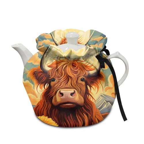 Tongluoye Highland Cattle Tea Cozies Insulated Tea Pot Cozy with Adjustable Drawstring Tea Cosy Breakfast Warmer for Decor Elastic Fabric Kitchen Kettle Cover Home Decor Sunflower Cow Tea Party Gifts