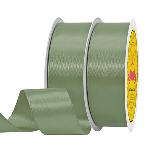 Image of 100 Yards Dusty Sage Green Satin Ribbon Polyester Ribbon for Gift Wrapping Very Suitable for Weddings Party Hair Bow Invitation Decorations and More（1-1 /2 inch X 50Yards X 2 Roll）