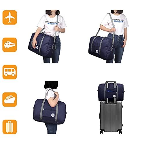 WANDF Foldable Travel Duffel Bag Luggage Sports Gym Water Resistant Nylon (D-Dark Blue with Strap)