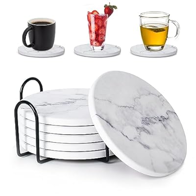 Absorbent Coasters for Drinks, Ceramic Coaster Set of 6 with Holder, Durable Cup Coaster for Coffee Table with Cork Base for Table Protection, Housewarming Birthday Gifts, Home Decor (White Marble)
