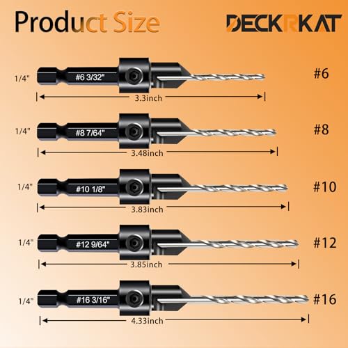 DECKRKAT 12-Piece Countersink Drill Bit Set - 3-in-1 Wood Counterbore Kit for #6#8#10#12#16 Screws | 82° Chamfer, Depth Adjustable | 5 Spare Bits,2 Limit Rings,Hex Key,Case. — view 2