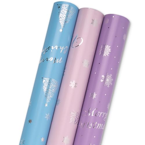 HJYODY Rouleau de papier cadeau de Noël - 3 rouleaux, 43 cm x 3 m, design Joyeux Noël et flocon de neige pour l'emballage cadeau