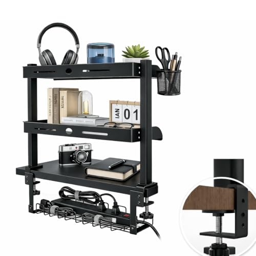 hzpdbt Clamp On Desk Shelves Organizer, Adjustable 2-Tier Desk Storage Rack with Large Trays, Phone Stand & Headphone Hook, No-Drill Setup for Office & Gaming Desks