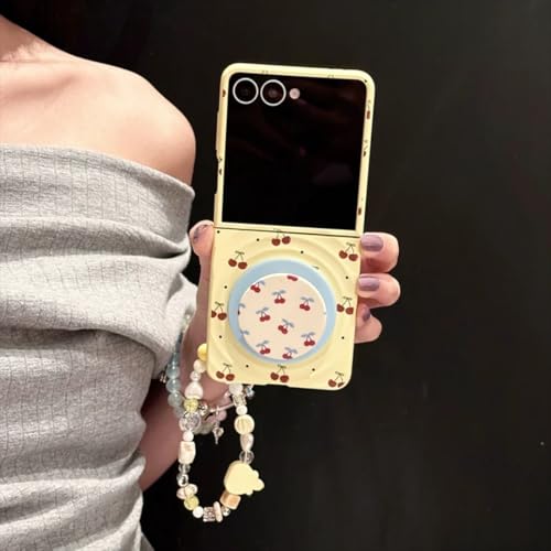 Coque Galaxy Z Flip6 avec support magnétique et chaîne bijoux cerises