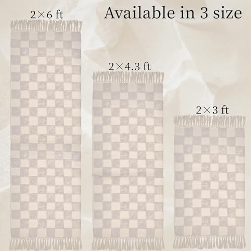 AevitasX Boho Bathroom Rugs with Tassels Beige Checkered Runners for Hallways Cotton Tufted Rug Mat 2'x6' by AevitasX - Image 6