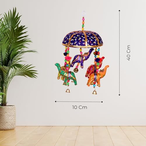 Image of Rajasthani Multicolor Elephants Jhoomer with Bell - Decorative Wind Chimes for Door & Wall Hanging, Ideal Home Decor & Gift Showpiece (Blue)