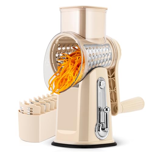 IGEAIIE Rotary Cheese Grater, Vegetable Slicer with 5 Interchangeable Blades & Blade Storage Box, Strong Suction Base, Manual Vegetable Shredder for Cheese, Carrot, Cucumber, Nuts, etc.(White)