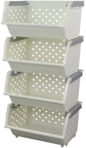 Vareone 4-Tier Plastic Stacking Baskets, Stackable Storage Organizer Bin, White