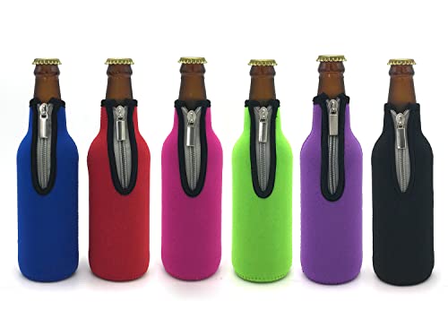 KOSTOO 6 Pack 330ML(12 Oz) Neoprene Zipper Beer Coolers Insulator Beer Bottle Non-Slip Thick Jacket Holder Sleeves for Bar, Birthday Party, Picnics Outdoor Activities, 6 Colors