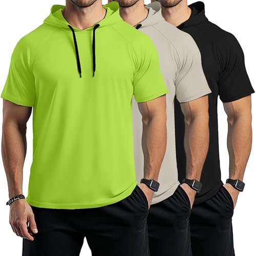 Ficerd 3 Pack Big and Tall Men's Short Sleeve Hoodies Workout Gym Hooded Shirts Lightweight Athletic Pullover Sweatshirt(Fluorescent Green, Yellow Gray, Black,3X-Large)