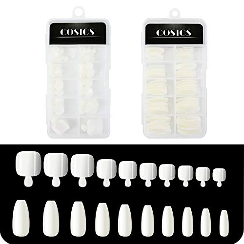 Acrylic Nails Ballerina Medium, 200pcs Cosics Long Coffin Nail Art Tips Full Cover & Fake Toenail Press On Nails Extension, Artificial False Tips Natural for Manicure, Pedicure, Nail Salon, 10 Sizes