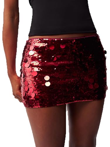 Women's Sparkly Sequins Bodycon Mini Skirts Sexy Side Split Tie Up Low Rise Skirt Fashion Glitter Short Hip Party Skirt (I-Burgundy, S)
