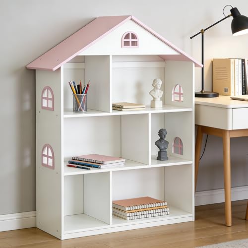 Image of Wooden Dollhouse Bookshelf, 3 Tier Bookcase for Kids, Pink and White, Toy Storage Organizer for Children Bedroom and Playroom, 32.7 x 11.8 x 41.7 Inches
