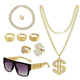 GSrenyu 9 accesorios de disfraz de hip hop, disfraz de rapero de los años 80 y 90, accesorios de disfraz de cadena de oro falsa, anillos, aretes, gafas hippie para disfraz de discoteca de rapero