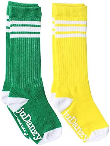 juDanzy 2 Pack of Baby, Toddler and Kids Knee High Tube Socks for Boys and Girls with Grips (6-10 Years, Green & Yellow with White Stripes)
