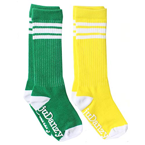 Judanzy 2 Pack Of Baby, Toddler And Kids Knee High Tube Socks For Boys And Girls With Grips (6-10 Years, Green & Yellow With White Stripes) #TOP3