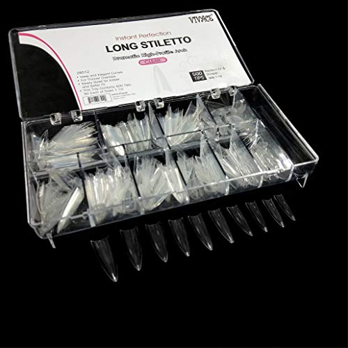 VIVACE Clear Stiletto 500 Acrylic False Fake Nail Tips With Clear Plastic Case for Nail Salon Nail Shop (Clear Stiletto)