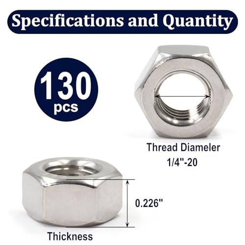 ZQZ 1/4"-20 Hex Nuts,130 Pack 304 (A2-70) Stainless Steel Hardware Nuts,Standard Inch Coarse Thread Nuts by ZQZ - Image 2