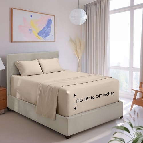 Image of Hearth & Harbor Extra Deep Pocket Twin Sheet Set, Linen | 4 Piece Cooling Bed Sheets Set, Ultra Soft & Breathable, Fits Up to 24 inch Mattress, Wrinkle & Fade Resistant, Hotel Luxury