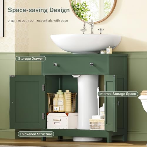 Image of TEENFON Pedestal Sink Storage Cabinet with 2 Doors and Drawer, Bathroom Sink Cabinet, Under Sink Cabinet with U-Shape Cut-Out, Green