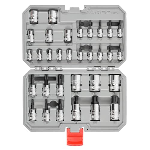 ARES 31033 32-Piece Master Torx Bit Socket and Socket Set 1/4-Inch, 3/8-Inch, and 1/2-Inch Drives - S2 Steel Set Includes Star and Tamper Star Bit Sockets and E-Torx Sockets