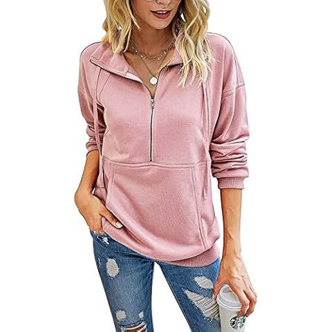 Xnova Sweatshirt Womens Zip Neck Pullover Womens Tops High Neck Long Sleeve Sweatshirts with Pockets Comfort Ladies Tops SexyPinkL Cover