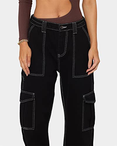 Womens High Waist Cargo Jeans Flap Pocket Straight Leg Jeans Wide Leg Denim Pants Fashion Jeans Relaxed Fit2