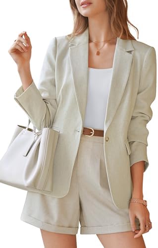 Arach&Cloz Women's Linen Blend Notched Lapel Open Front Blazers W...