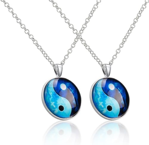 SaiDian 2 Pcs Fashion Yin Yang Necklaces Glass Pendant Dragon Moon Pattern Chakra Pendants Silver Cabochon Glass Necklace Sweater Long Chain