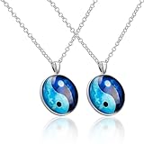 SaiDian 2 Pcs Fashion Yin Yang Necklaces Glass Pendant Dragon Moon Pattern Chakra Pendants Silver Cabochon Glass Necklace Sweater Long Chain
