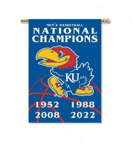 BSI PRODUCTS, INC. | 2022 NCAA Champions Kansas Jayhawks 2-Sided 28"x40" Banner w/Pole Sleeve | KU Basketball Pride | High Durability | Designed for Indoors & Outdoors | Great Fan Gift Idea