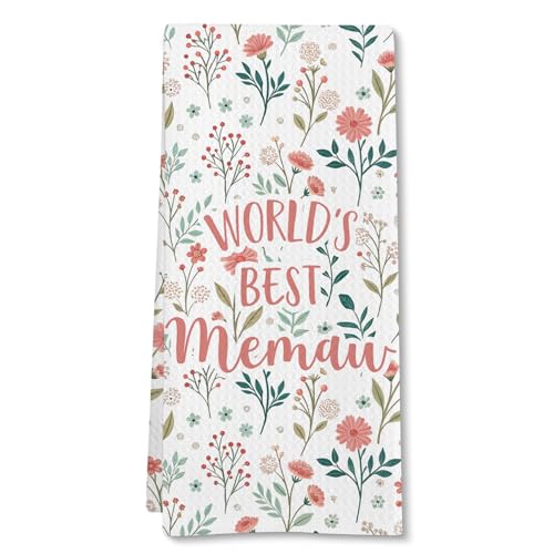 FSTCSV Memaw Gifts Kitchen Towels, Gifts for Memaws Hand Towel, Christmas Mothers Day Birthday Gift for Memaws from Grandkids, World's Best Memaw Flower Decorative Tea Dish Towels for Kitche,16x24in