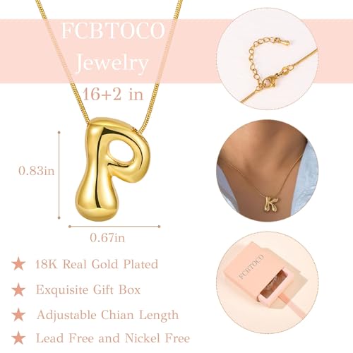 FCBTOCO Initial Necklace for Women，Gold Silver Bubble Balloon Letter Necklace，Dainty Personalized Puffy Chunky Name Necklaces，Trending Jewelry Gift (Letter-P, Gold) — view 4