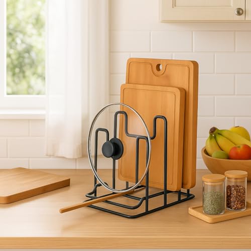 Image of Pan & Pot Lid Organizer Rack - Multifunctional Cookware for Cabinet, Pantry Chopping Board Holder, Space-Saving Kitchen Organizer, Black (L-6.25 x W-9.25 x H-9.25 Inches M-RACK)