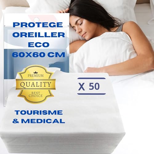 Protege oreiller 60x60 Jetable | Lot de 50 Sous Taies d'oreiller Anti Tâches | Housse de Protection Légère | Hygiène Literie Tourisme (Locations - Campings - Hôtels - Gîtes - Airbnb..) et Médical