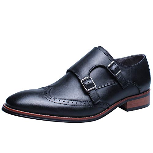 Image of Men's Smart Monk Brogues Genuine Leather Wooden Heel Formal Dress Shoes