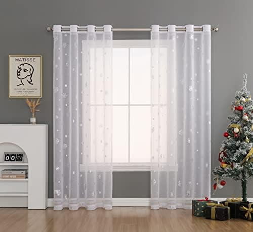 LOYOLADY White Sheer Curtains 96 inches Long 2 Panels Set, Foil Silver Snowflake Curtains for Living Room, Grommet See Through Voile Window Curtains & Drapes 52" W x 96" L