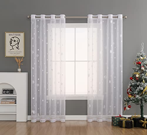Loyolady White Sheer Curtains 96 Inches Long 2 Panels Set, Foil Silver Snowflake Curtains For Living Room, Grommet See Through Voile Window Curtains & Drapes 52" W X 96" L #TOP5