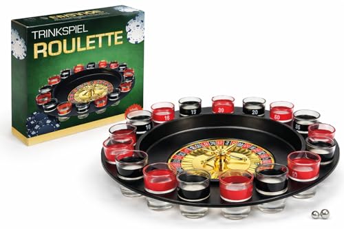 Topshop24you Juego de beber ruleta con 16 vasos de chupito de cristal y 2 bolas de metal – Divertido juego de bebida para adultos de 29 cm de diámetro, regalo de fiesta para JGA, cumpleaños y