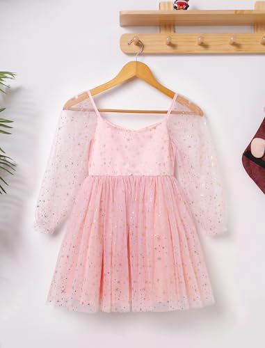ABAFIP Girls Sparkly Tulle Long Sleeve Dress Sweetheart Mesh Sheer Birthday Wedding Party Glitter Tutu Dress3