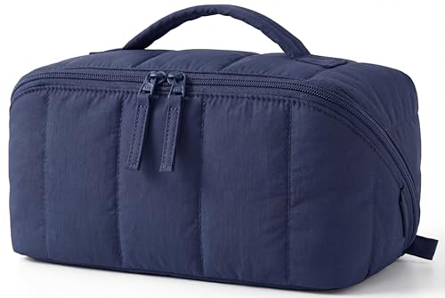 BAGSMART Travel Makeup Bag for Women, Portable Water-resistant Cosmetic Case, Puffy Padded Make Up Organizer Pouch, Open Flat Toiletry Bag for Toiletries, Brushes, Khaki