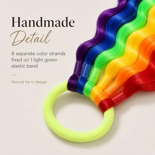 Hair Extensions Tie in Curly Ponytail Extension Crazy Hair Pride Day Accessories for Fun DIY Festival Wacky Rave Colored Braids 18 inch 2 Packs (Rainbow, 22 Inch (Pack of 2)) — view 5