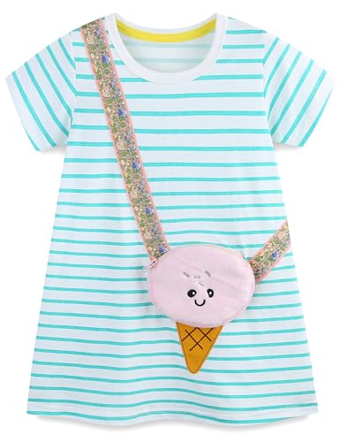 Hongshilian Toddler Girls Cotton Casual Dress Summer Playwear Short Sleeve Shirt Dresses(4T,Stripe&icecreampocket)