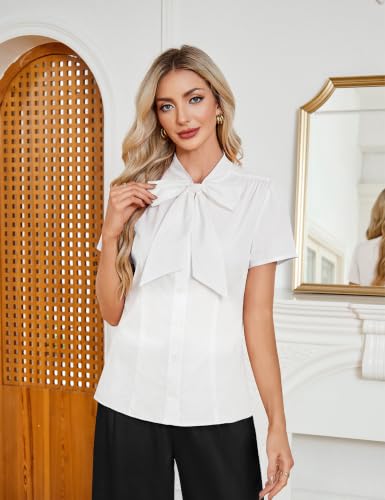 Image of Belle Poque Women Dressy Casual Top Bow Tie Button Down Short Sleeve Blouse